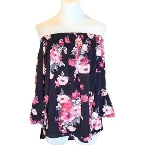 Feitong Off The Shoulder Bell Sleeve Black and Pink Floral Blouse Size Large